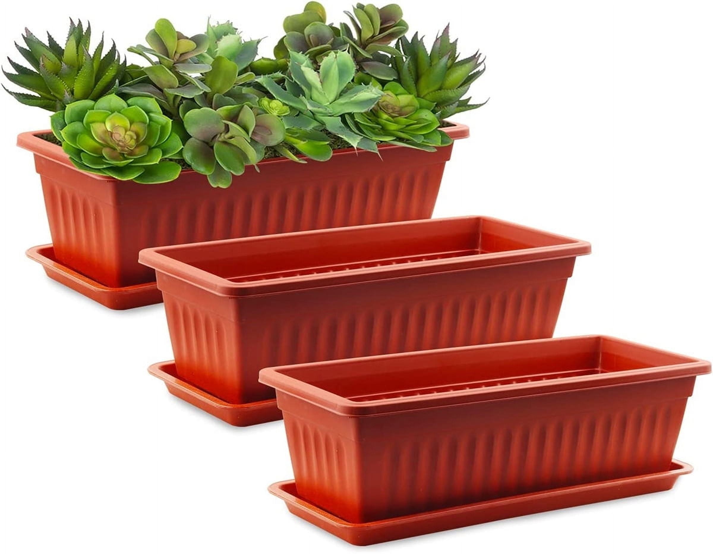 Casewin 3 Pack 17 Inches Flower Plastic Box,Plastic Vegetable Planters with Trays Vegetables Growing Container Garden Flower Plant Pot for Balcony, Patio, Garden, Red