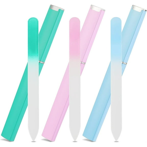 Casewin 3 Pack Glass Nail File with Case,Portable Crystal Fingernail Nail File Buffer Set for Manicure Nail Care,Great for Natural, Gel and Acrylic Fake Nails(3 Color)