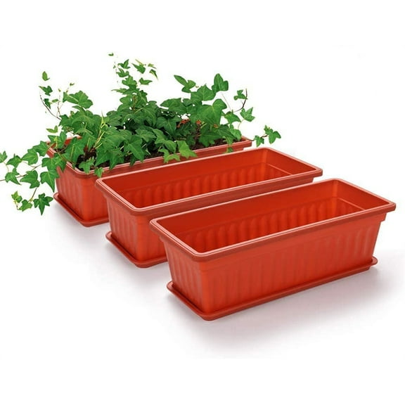 Casewin 3 Pack Window Box Planters, 17 Inches Plastic Rectangular Window Planters Flower Box Planter Plant Containers with Tray for Balcony, Windowsill, Garden (Terracotta)