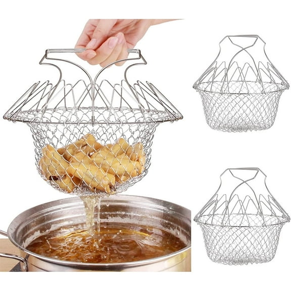 Casewin 3 Pcs 304 Stainless Steel Foldable Steam Rinse Strain Fry Basket Strainer Net Kitchen Cooking Tool for Fried Food or Fruits