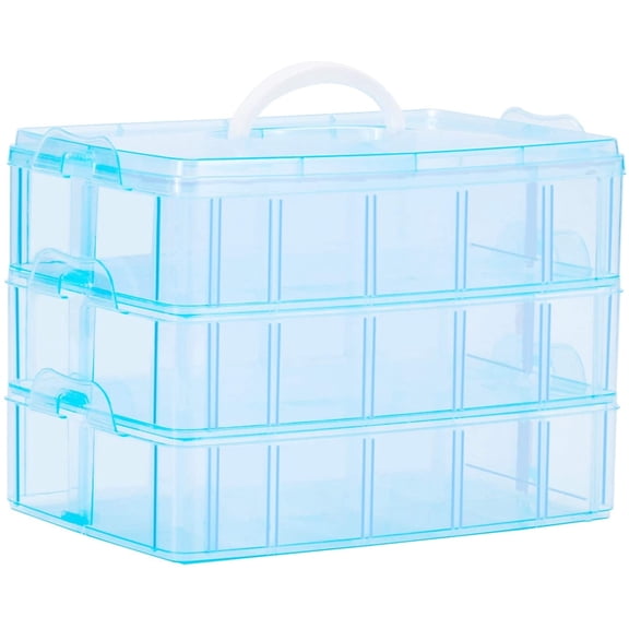 Casewin 3 Tier Blue Transparent Plastic Stackable Storage Box - Adjustable Compartment Slots - Max 30 Compartments - Container for Storing & Organising Toys, Jewellery, Beads, Arts & Crafts, Tools