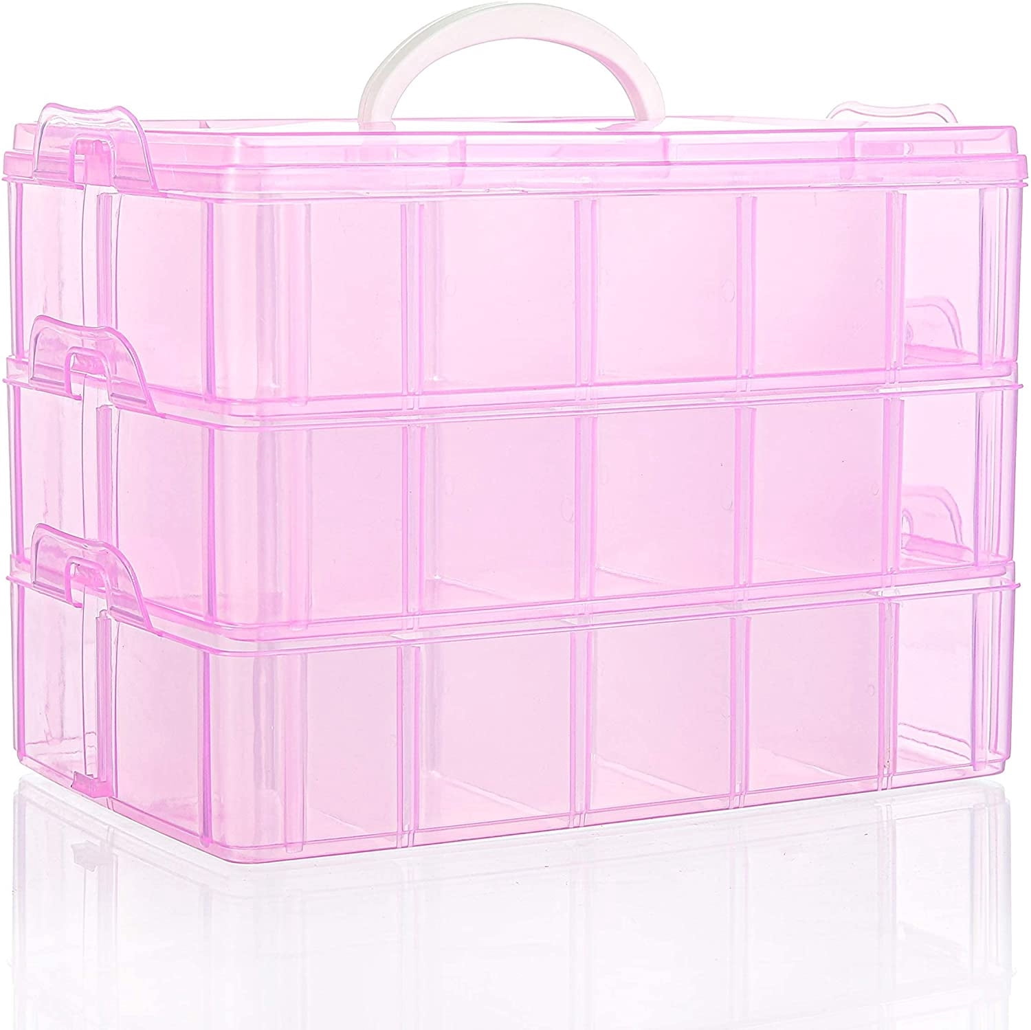 Casewin 3-Tier Transparent Stackable Adjustable Compartment Slot Plastic Craft Storage Box Organizer Snap-Lock Tray Container with 30 Compartment Pink