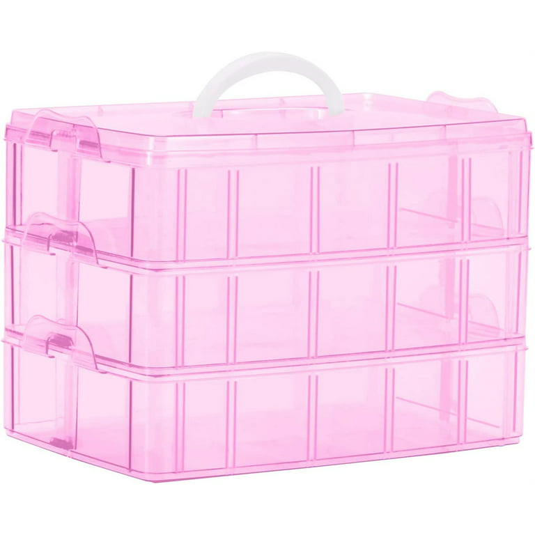 Casewin 3-Tier Pink Craft Storage Container Box, Stackable Organizer Box  with Dividers for Art Supplies, Fuse Beads, Washi Tapes, Beads, Hair