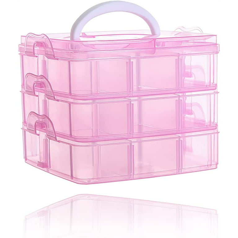Casewin 3 Tier Small Stackable Storage Container Box with Handle, Plastic Craft  Organizer Case with 18 Adjustable Compartments for Tapes, Art Supplies,  Jewelry (Pink) 
