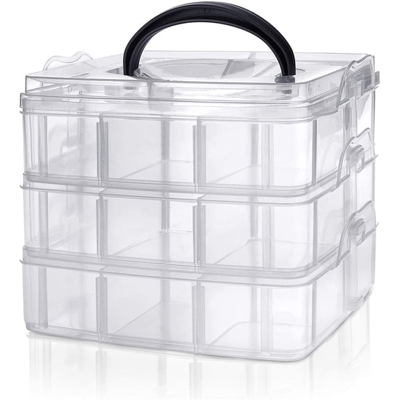 Casewin 3-Tier Transparent Stackable Adjustable Compartment Slot Plastic Craft Storage Box Organizer Snap-Lock Tray Container(18 Compartment, White)