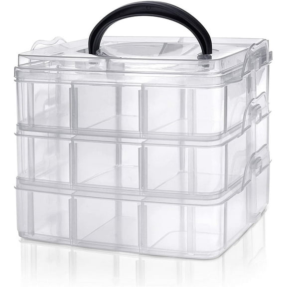 Casewin 3-Tier Transparent Stackable Adjustable Compartment Slot Plastic Craft Storage Box Organizer Snap-Lock Tray Container(18 Compartment, White)