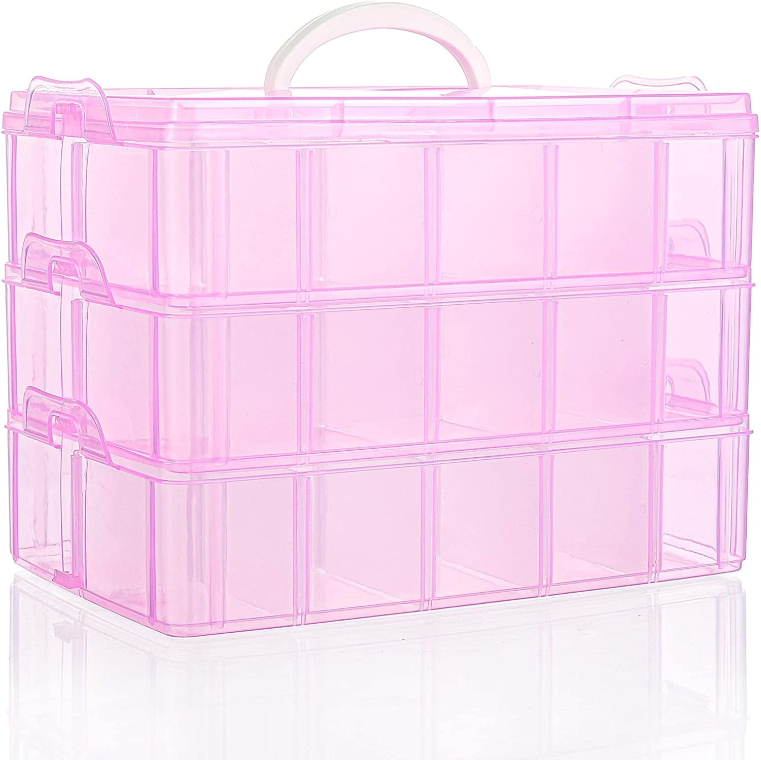 Casewin 3 Tier Small Stackable Storage Container Box with Handle, Plastic  Craft Organizer Case with 18 Adjustable Compartments for Tapes, Art