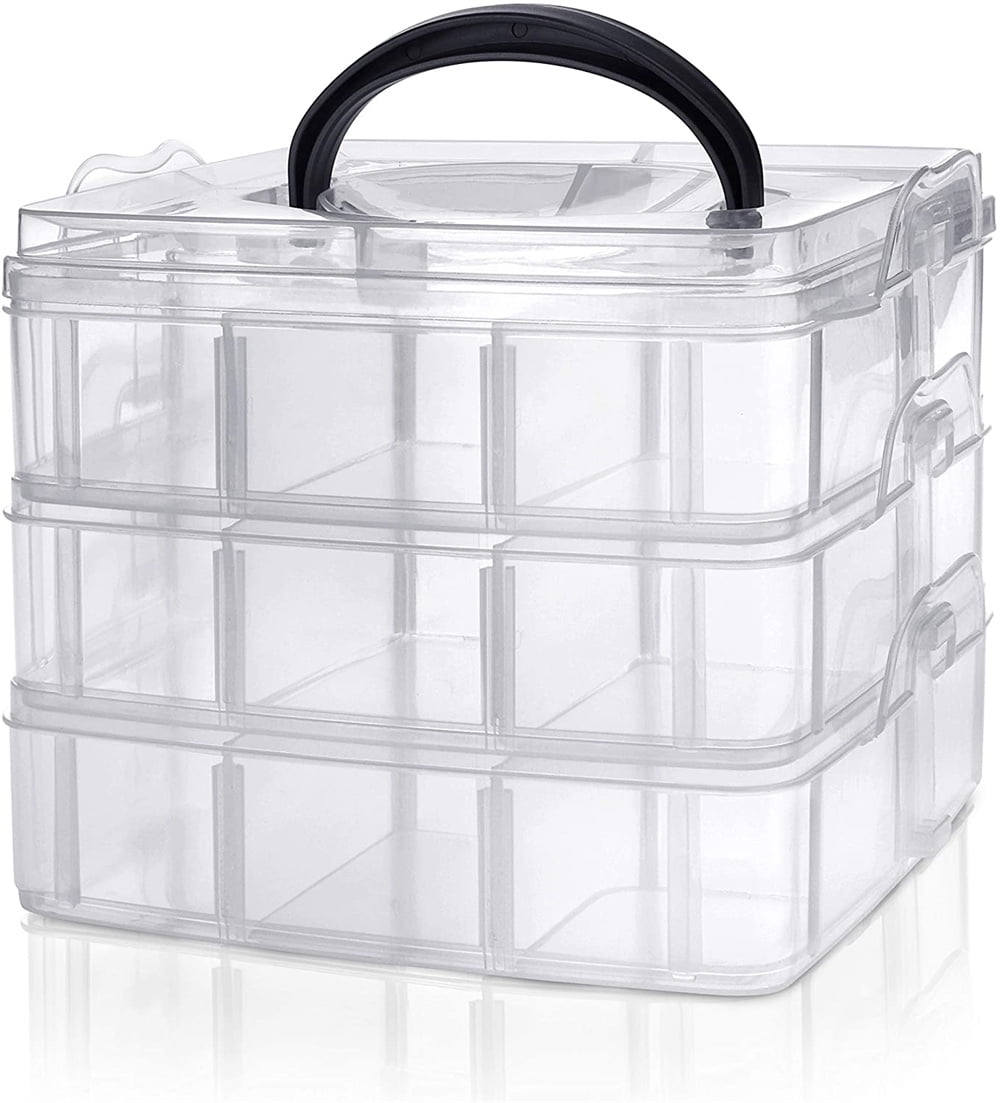 Casewin Craft Storage Box with Compartments, 3-Tier 30 Sections Transparent  Stackable Plastic Box Organiser with Handle, Practical Sorting Box for