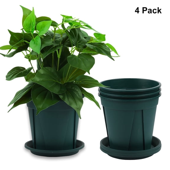 Casewin 4 Pack 6 inch Plastic Planters, Plastic Indoor Planter Flower Pots, Heavy Duty and Stylish 6 Inch Plant Pots for Indoor Plants with Drainage Holes and Tray for Plants Flowers, Green