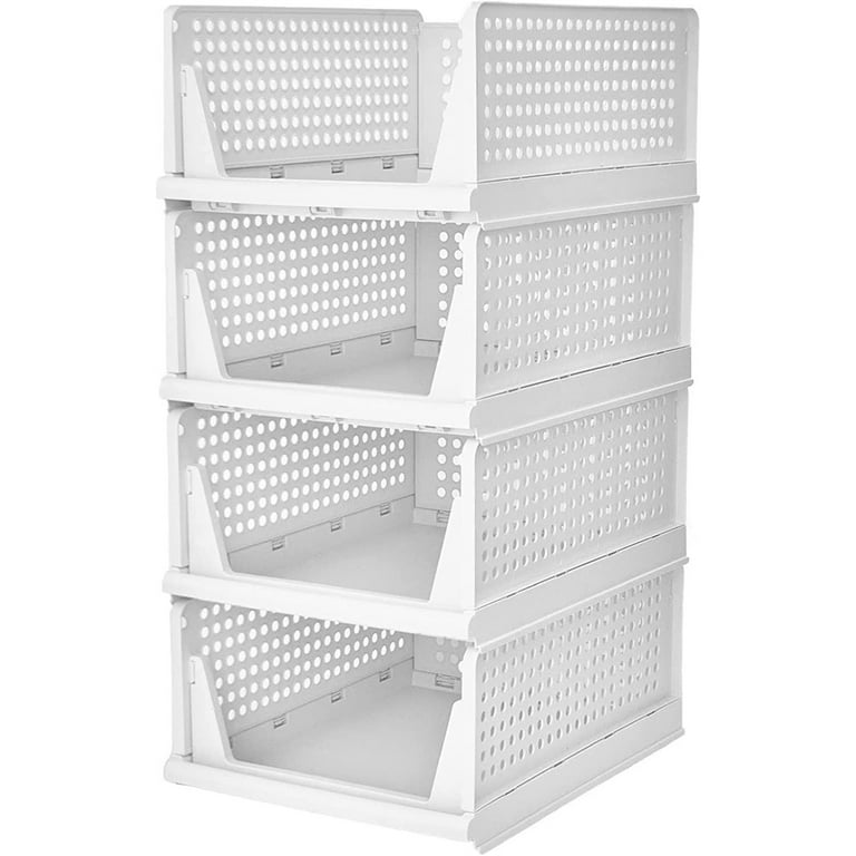 CTSNSLH 4 Pack Folding Closet Organizers Storage Box, Stackable Plastic  Drawer Basket for Clothing(White)