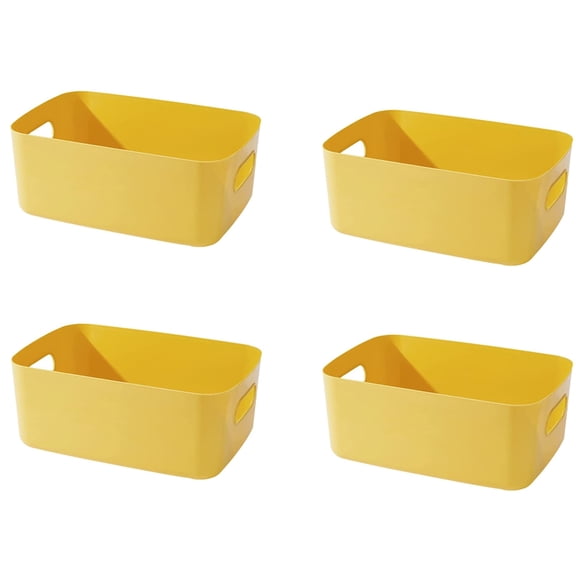 Casewin 4 Pcs Kitchen Storage Boxes,Yellow Plastic Storage Basket,Multi-Purpose Handy Basket with Handles for Cupboard, Office, School and Home