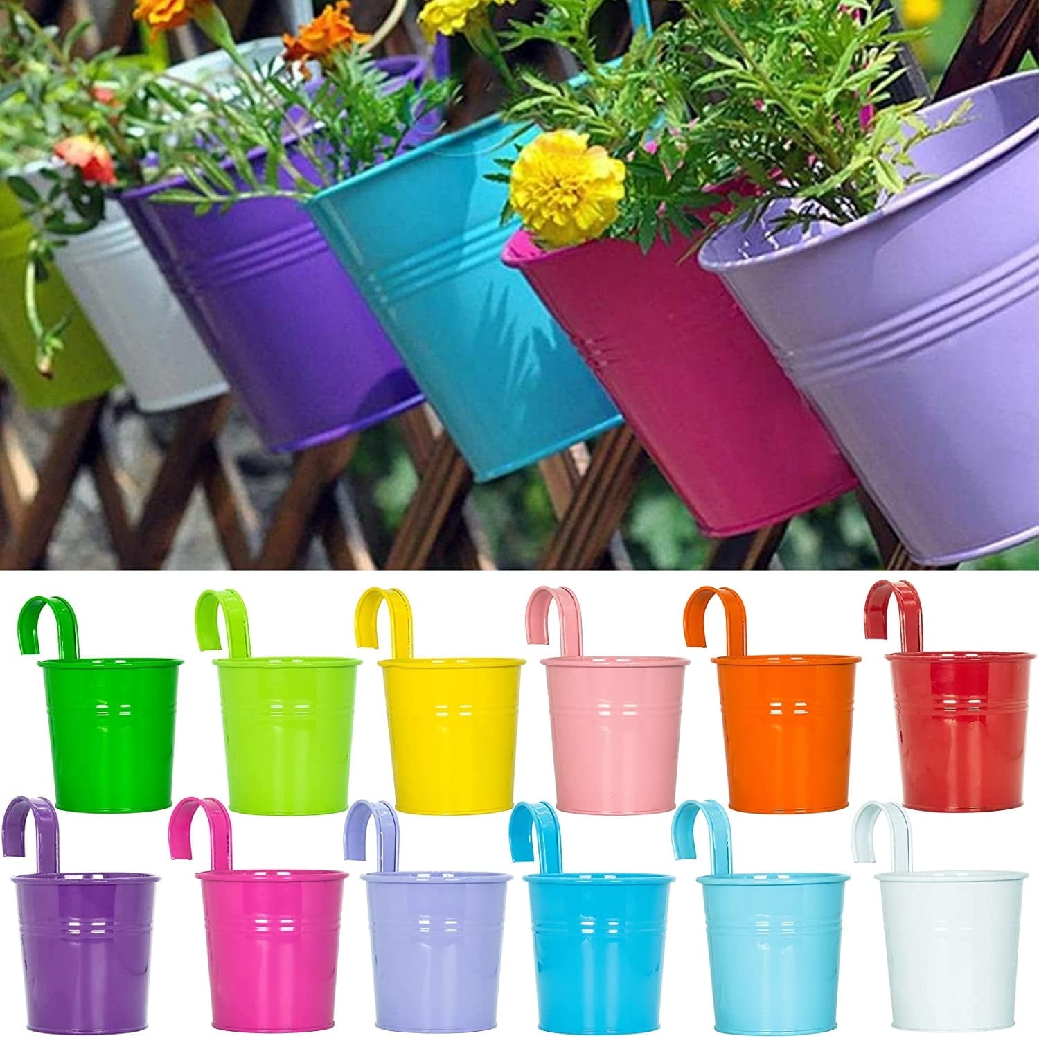Casewin 4" Small Iron Hanging Planters Multicolor Flower Pots Balcony Garden Railing Planter, Fence Hanging Metal Bucket Plants Holders Set for Indoor and Outdoor, 12PCS