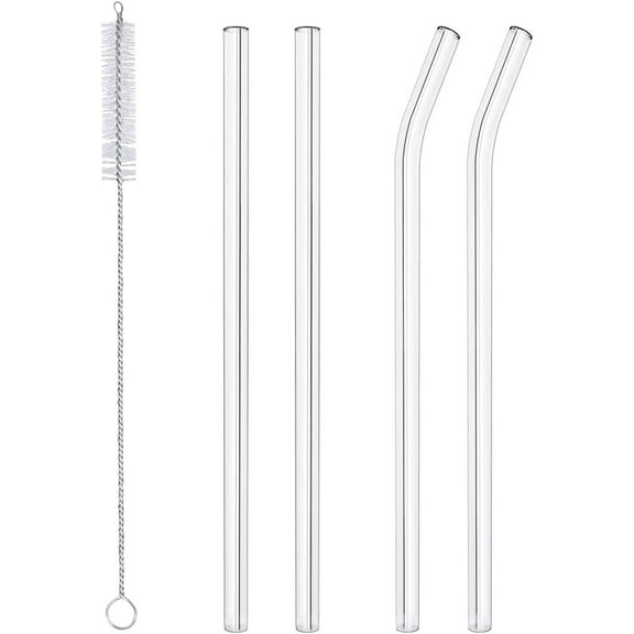 Casewin 4 x Reusable Glass Drinking Straws - Eco-Friendly Cleaning Brush Party Summer Use Birthday Smoothie Milk Shake Clear Water Juice Straw