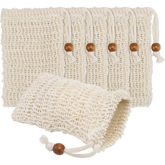 Casewin 5 Pack Organic Soap Bags, Soap Saver Bags Sisal Soap Bags Natural Drawstring Bags Eco Friendly Soap Bag Shampoo Bar Bag Exfoliating Soap Saver Pouch for Bath Shower Foaming
