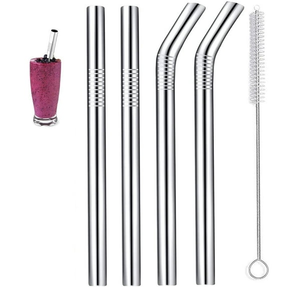 Casewin 5 Piece Drinking Straws, 4 Reusable Eco Friendly Silver Metal Smoothie Straws (12mm Wide) &1 Cleaning Brushes, 2 Straight, 2 Bent, Also Ideal for, Milkshake, Cocktail, Hot Drinks