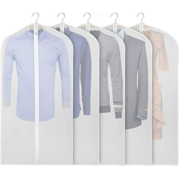 Casewin 5 Pieces Garment Bags Suits Covers Clothes Organizer, 24 Inch X 55 Inch Clear Washable Travel Dustproof Dress Protector Storage Zipper Bags See-Through White