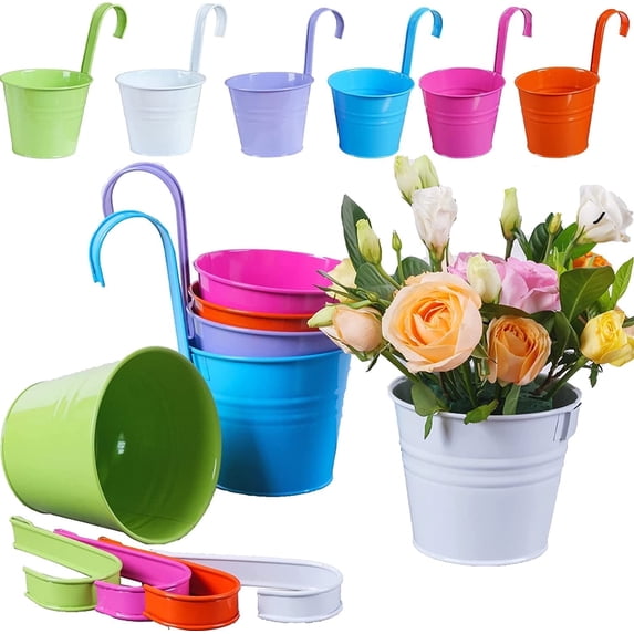 Hanging Flower Pots for Railing,6 Pack Hanging Railing Planter, Metal Planters Buckets with Detachable Hook and Drainage Hole Hanging Plant Holders for Balcony Garden Railing Fence, Multicolor