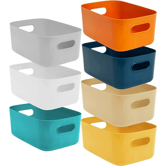 Casewin 7 Pack Plastic Storage Boxes | Colourful Storage Baskets with Handles | Stackable Cupboard Organiser | Kitchen Cupboard Storage for Bathroom, Bedroom, Office, School and Home