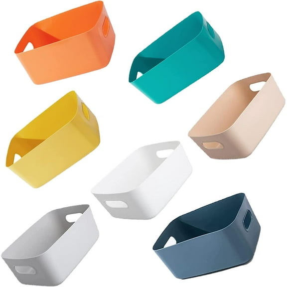 Casewin 7 Pack Plastic Storage Boxes Colourful Stackable Storage Baskets for Cupboards Organiser Kitchen Cupboard Storage for Bathroom Bedroom Office and School