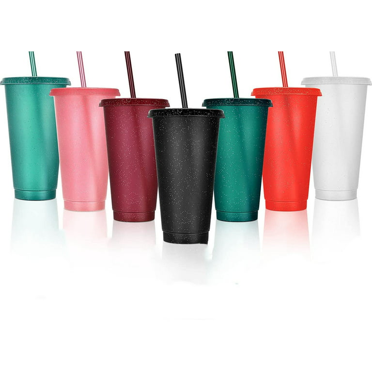 Casewin Reusable Plastic Cups with Lids Straws: 7Pcs 24oz Colorful