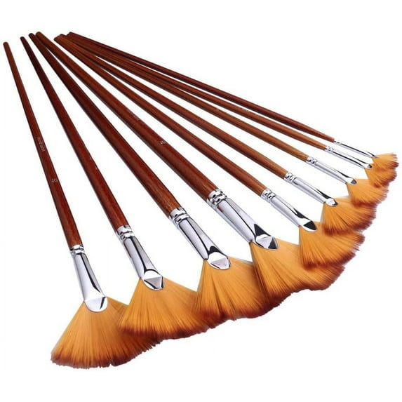 Casewin 9 Pieces Fan Paint Brushes Set, Professional Artist Fan Brush Acrylic Paint Brushes with Nylon Hair Long Wood Handle for Acrylic Watercolor Oil Painting