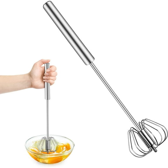 Casewin Automatic Whisk, Stainless Steel Egg Beater, Hand Push Rotary Egg Whisk Blender, Easy Whisk Mixer Stirrer for Making Cream, Whisking, Beating and Stirring (10 Inch, Sliver)