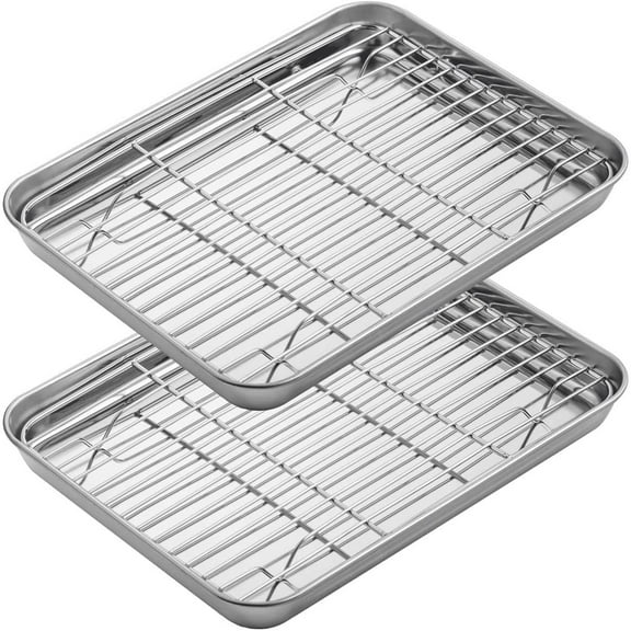 Casewin Baking Sheet with Cooling Rack Set [2 Sheets + 2 Racks], 10.5 inch Stainless Steel Baking Pans Tray Cookie Sheet with Wire Rack for Oven, Non Toxic, Heavy Duty & Dishwasher Safe- 4 Packs