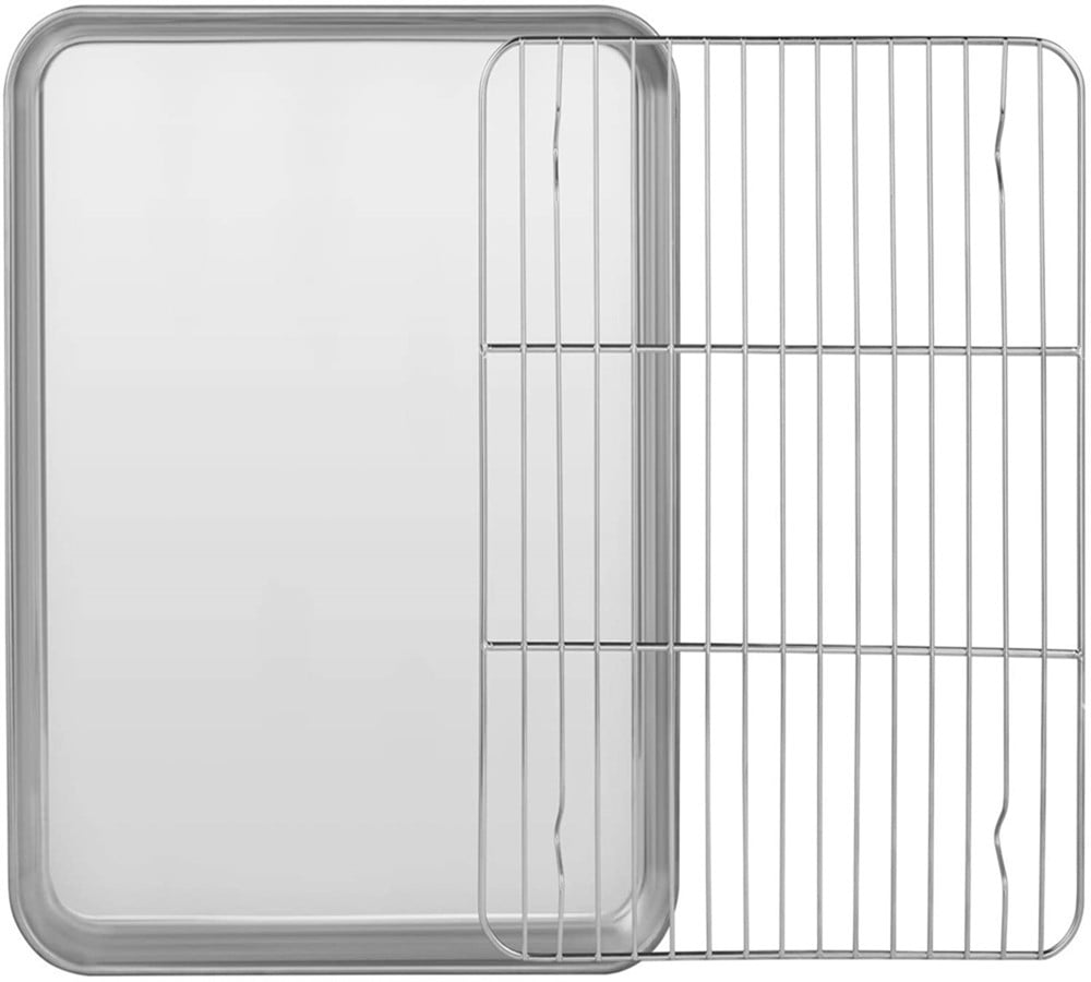 Baking Sheet with Cooling Rack Set(1 Pan+1 Rack) 16'', Stainless Steel Baking Pan with Wire Rack, Heavy Jelly Roll Sheet Pan&Bacon Rack for Oven