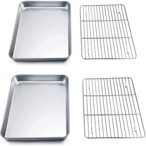 Casewin Baking Sheet with Rack Set, Stainless Steel Cookie Sheet Baking Pans with Cooling Rack, Non Toxic & Healthy, Rust Free & Heavy Duty, Mirror Finish & Easy Clean, Dishwasher Safe - 4 Pieces