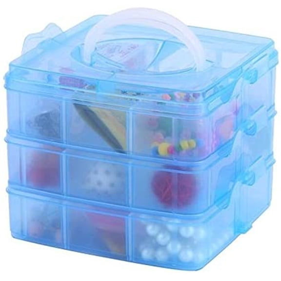 Casewin Craft Storage Organizer,Sewing Box,3-Tier Plastic Organizer Box with Dividers, Storage Containers for Organizing Art Supplies, Fuse Beads,Washi Tape, Jewelry,Tool,Kids Toy,Blue