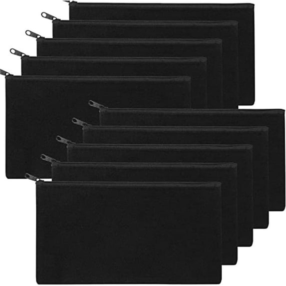 Casewin DIY Craft Bag, 10Pack 8.26*4.72 inch Canvas Pouch Zipper Bag Pen Pencil Case Cotton Invoice Pouch Bulk Cosmetic Bags for Makeup Travel Toiletry Storage, Black