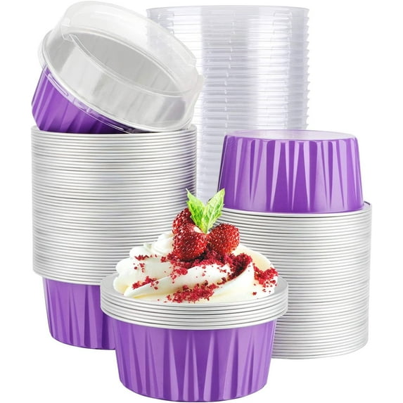 Casewin Dessert Cups with Lids, 30pcs 5 oz Aluminum Foil Baking Cups, Purple Disposable Foil Ramekins, Muffin Liners, Dessert Containers, Cupcake Holders Pans, Mini Pie Pans with Lids