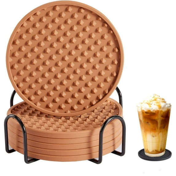 Casewin Drink Coasters Set of 6 with Holder, Silicone Coasters Tabletop Protection for Any Table Type, Wood, Glass, Stone Tables, Dishwasher Safe, Brown