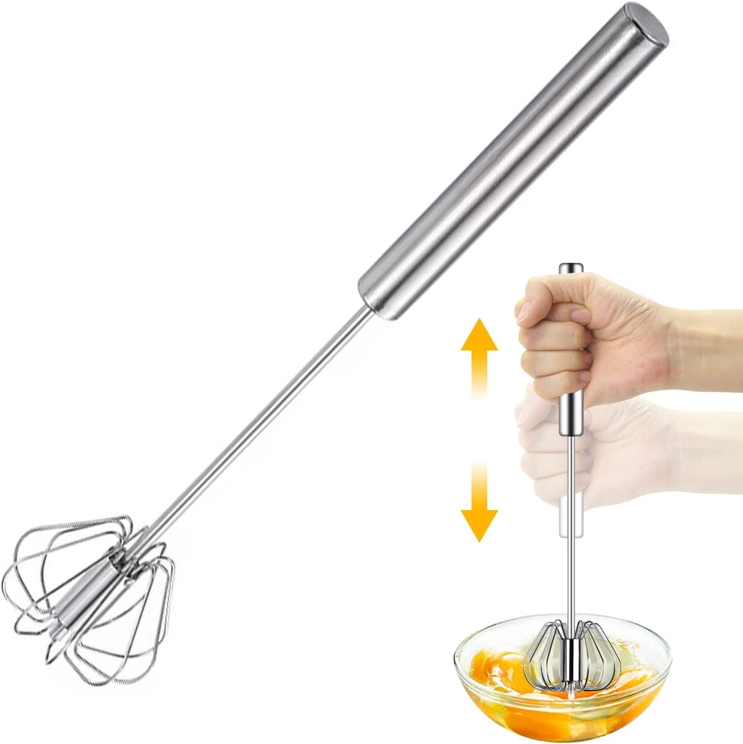 Anyi Whisk 12inch Stainless Steel Long Handle Egg Beater Hand Push Wisking Tool for Home Whisks for Cooking, Blending, Beating & Stirring (Silver)
