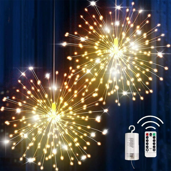 Casewin Firework Lights 200 LED Copper Wire Starburst Light, 8 Modes Battery Operated Fairy Star Sphere Lights with Remote, Warm White Hanging Ceiling Decorations for Bedroom, Party 2 Pack