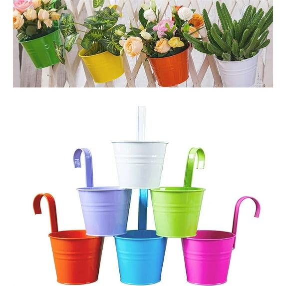 Casewin Flower Pots Metal Iron Hanging Plant Pots Bucket with Drainage Hole, Fence Wall Haning Balcony Garden Planters for Indoor and Outdoor Home Decor (6pcs-Large)