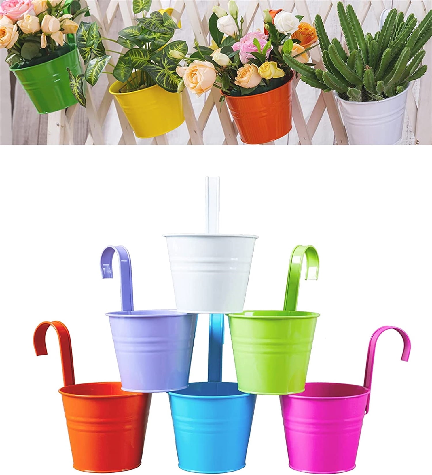Bexikou 6 Pack Large Metal Iron Hanging Flower Pots, Fence Wall Hanging Bucket Planters with Drainage Holes, Indoor Outdoor Plant Pots for Balcony Garden Home Decor