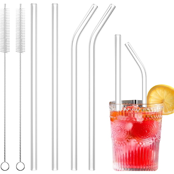 Casewin Clear Reusable Glass Straws | Durable Drinking Straws for Smoothies, Cocktails, Milkshakes & Cold Drinks | 2 Straight + 2 Bent with 2 Cleaning Brushes
