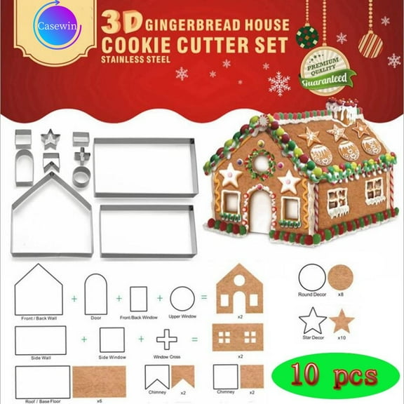 Casewin House Cookie Cutter Set, 3D House Cookie Cutters, Gingerbread House Kit for Holiday, Winter, Christmas, 10Pcs