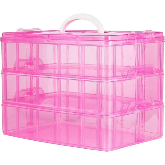 Casewin Layers Stackable Storage Organizer with 30 Adjustable Dividers ,Pink Plastic Container Box for Arts and Crafts, Beads, Toy, Washi Tapes, Nail, Dolls