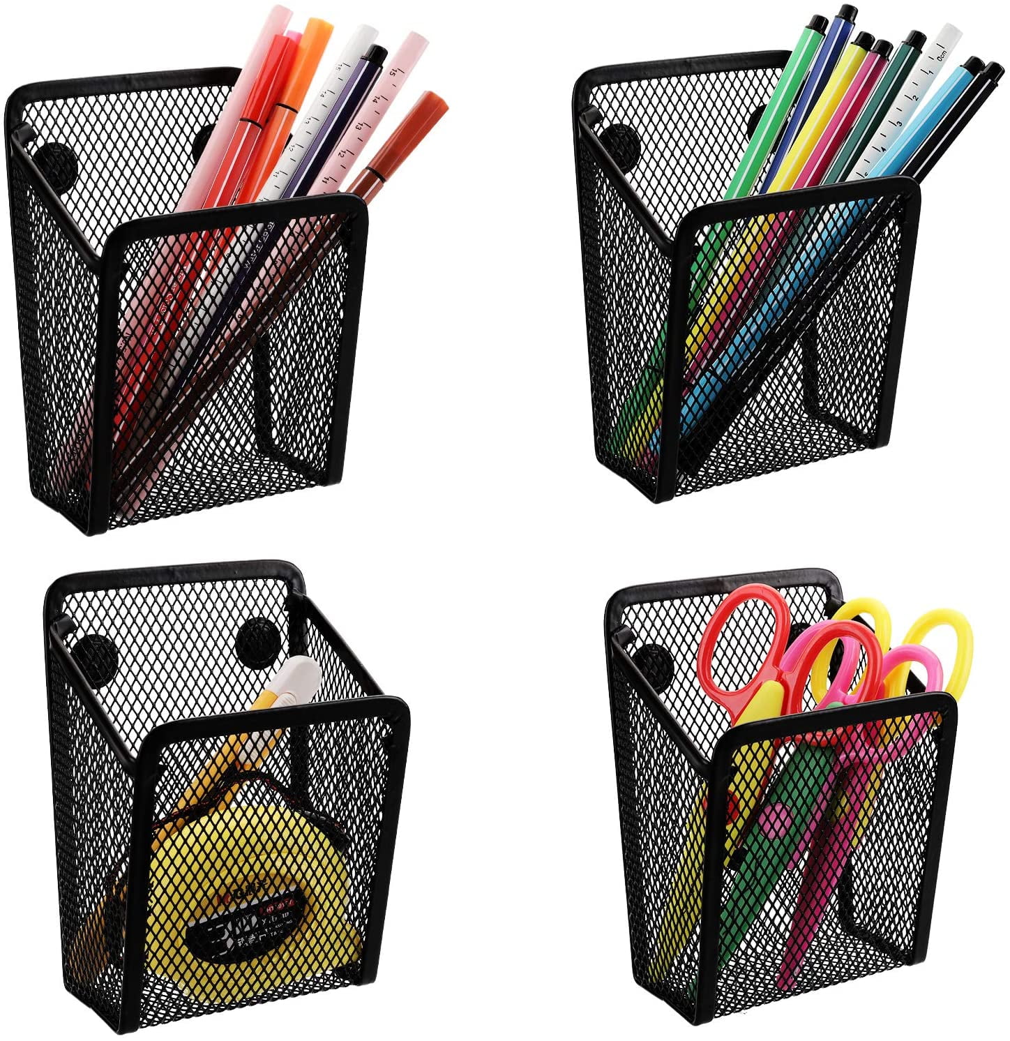 Casewin Magnetic Pencil Holder, Mesh Storage Metal Baskets Holder Container Storage Organizer with Magnets to Hold Whiteboard Kitchen Refrigerator Fridge, Locker Accessories, Black (4)