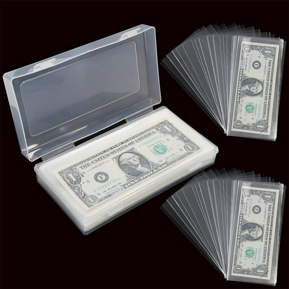 Casewin Money Protector for Bills, Dollar Holder with Storage Case, PP Material 100 Pieces Clear Paper Money Currency Collection Sleeves Protector Bag, Banknotes Protector