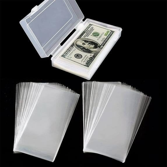 Casewin Money Sleeve for Bills, Dollar Bill Holder with Storage Case, 100 Pieces Plastic Paper Money Holder for Collectors, Clear Paper Money Currency Collection Sleeves Protector Banknotes