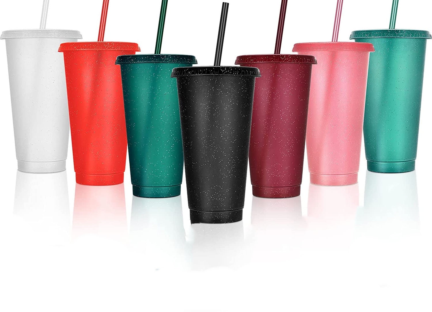 Casewin Reusable Plastic Cups with Lids Straws: 7Pcs 24oz Colorful