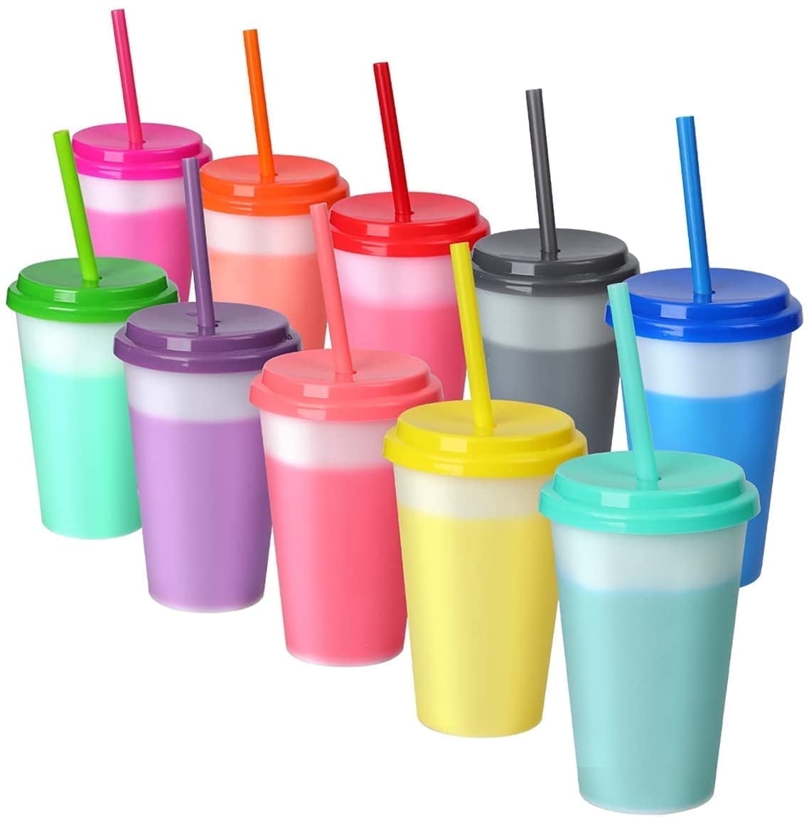 Casewin Plastic Kids Cups with Lids and Straws - 10 Pack 12 oz Reusable Tumbler with Straw | Color Changing Cup with Lid Adults Bulk Travel Tumblers Drinking Cups for Cold Coffee