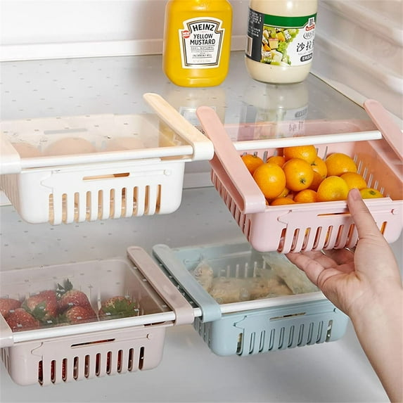 Casewin Retractable Drawer Type Refrigerator Storage Box Food Fresh-keeping Classified Organizer Container Basket Fridge Shelf Holder Plastic Storage Bins, Fit for Fridge Shelf Under 0.5" - Pink