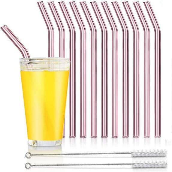 Casewin Reusable Glass Straws, Reusable Bent Glass Drinking Straws with 2 Cleaning Brushes, Reusable Straws for Smoothies, Milkshakes, Juice(Pink, 10 Pack)