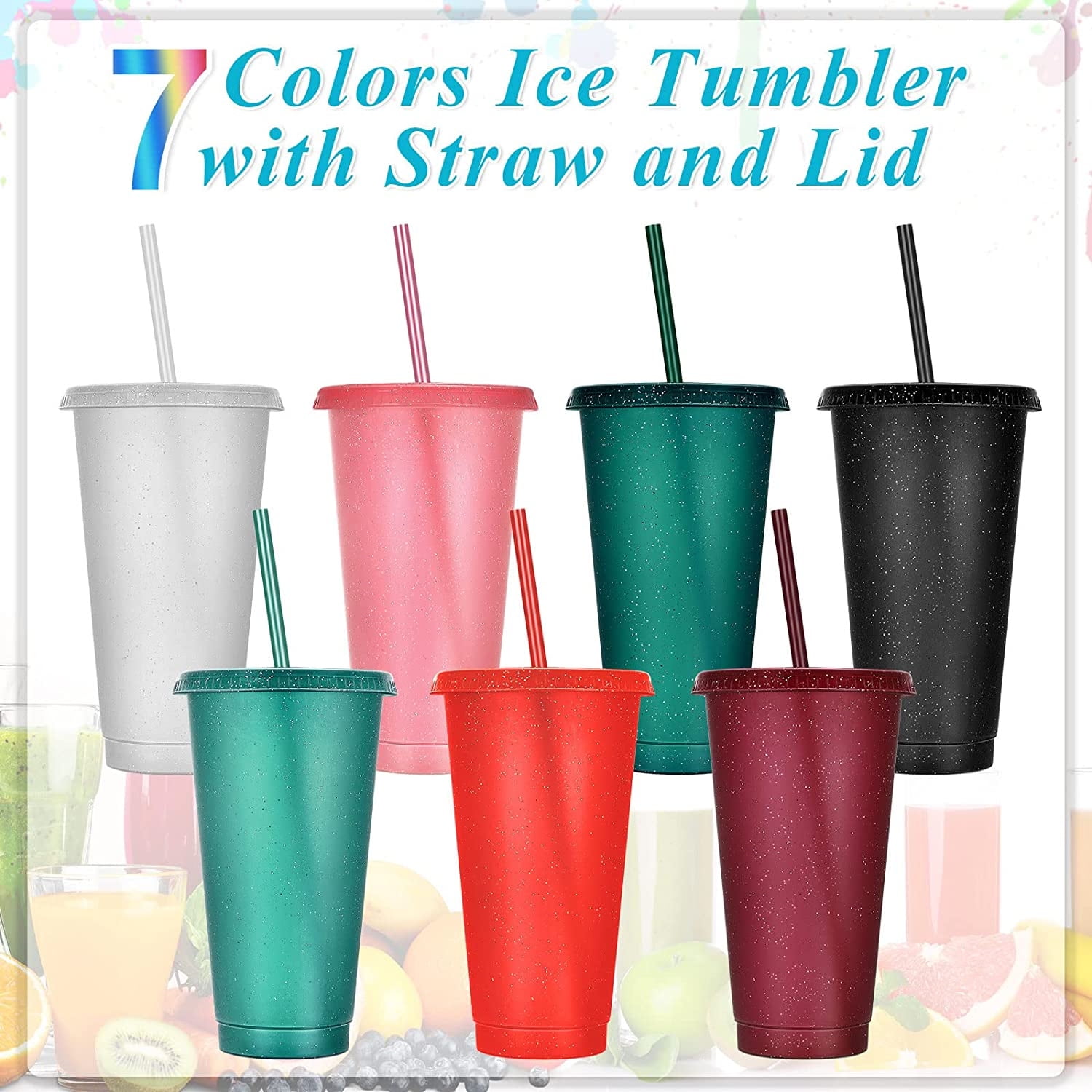 Casewin 7 Packs Glitter Reusable Cups with Straw and Lid Water Cup 16 oz  Iced Coffee Cup Portable Tumbler with Lids and Straws Summer Party Travel  Mug