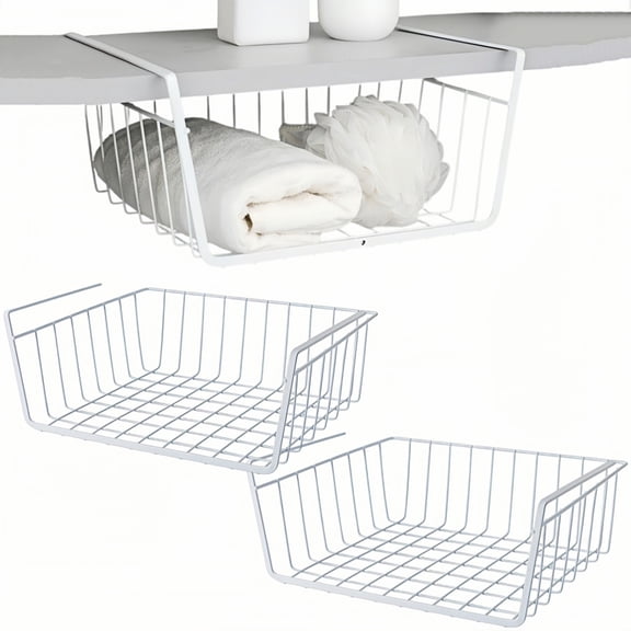 Casewin 2 Pack Under Shelf Storage Basket, Slide Under Cabinet Wire Organizer, Space Saving Under Desk Shelf Rack for Kitchen Pantry Cupboard Bookshelf, White
