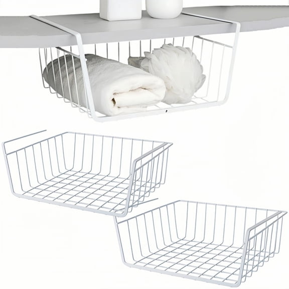 Casewin 2 Pack Under Shelf Storage Basket, Slide Under Cabinet Wire Organizer, Space Saving Under Desk Shelf Rack for Kitchen Pantry Cupboard Bookshelf, White